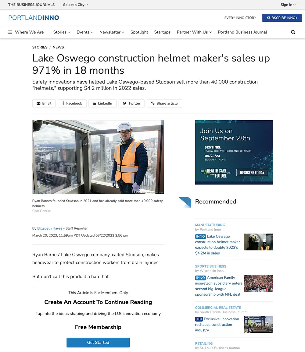 Lake Oswego construction helmet maker's sales up 971% in 18 months